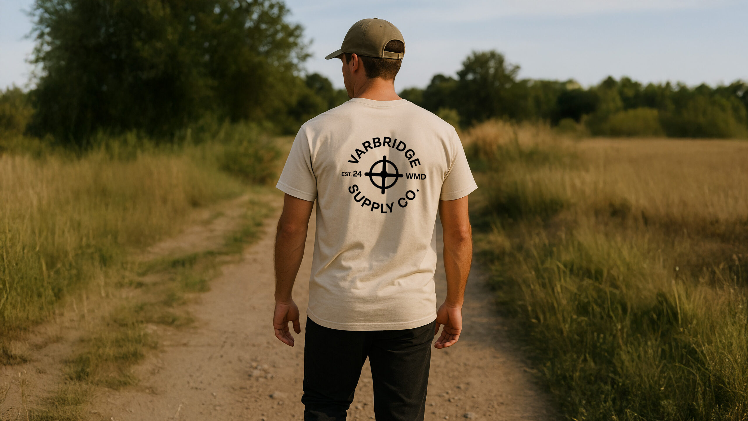 Man walking on a country trail wearing the Varbridge Supply Co. natural tee with bold circular logo and “EST. 24 WMD” print — rugged heritage-inspired t-shirt built with purpose.