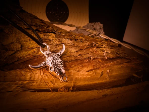 Silver longhorn skull pendant on a black cord, placed on rough-cut wood with barbed wire and a paper target in the background under warm, low lighting.