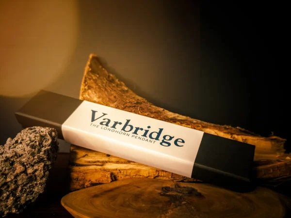 Varbridge Longhorn Pendant packaging box set against layered wood and volcanic rock, with soft, warm lighting and a dark backdrop.