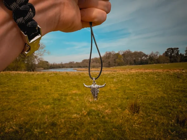 Hand holding a silver bull skull pendant on a black wax cord against a wide-open grassy field, with a river and tree line under a bright, partly cloudy sky- wrist adorned with a rugged black paracord bracelet and metal clasp.