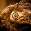 Silver compass pendant on a black cord, hanging among thick, frayed rope and rough-cut wood under warm, moody lighting.