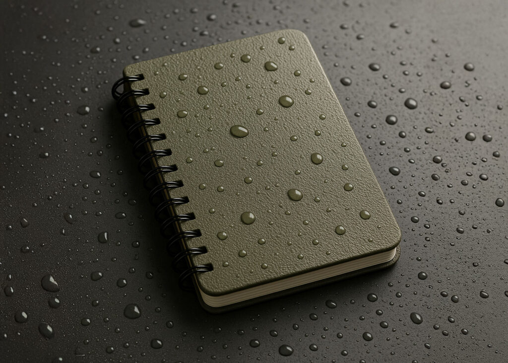 Olive green waterproof notebook with water droplets on cover – essential outdoor gift for adventurers and hikers