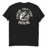 Back view of a black t-shirt laid flat, featuring a bold white graphic of a fish leaping from flames toward a fishing hook, with the phrase “FRESH OFF THE HOOK” surrounding the design.
