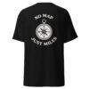 Black Varbridge t-shirt featuring a bold white compass graphic on the back with the phrase “No Map Just Miles” arched above and below the design