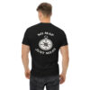 Man wearing a black Varbridge t-shirt with a white compass design on the back and the phrase “No Map Just Miles” arched above and below it