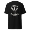 Black t-shirt with “Tools Over Talk” graphic on the back featuring white illustrations of a pocket knife, fixed blade knife, and flashlight arranged in a triangle
