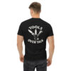 Man wearing black Varbridge t-shirt with “Tools Over Talk” back print featuring crossed knife, multi-tool, and flashlight illustration
