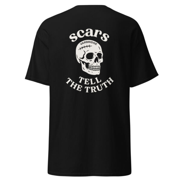 Black Varbridge t-shirt featuring a bold white skull graphic with stitched scar and “Scars Tell The Truth” arched around it