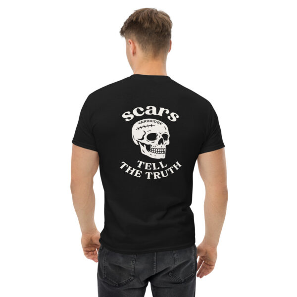 Black Varbridge t-shirt featuring a skull illustration and the phrase “Scars Tell the Truth” on the back