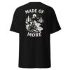 Back of black Varbridge t-shirt featuring bold “Made of More” kayaker and mountain wilderness graphic