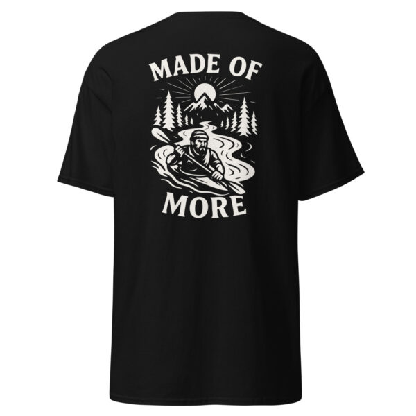Back of black Varbridge t-shirt featuring bold “Made of More” kayaker and mountain wilderness graphic