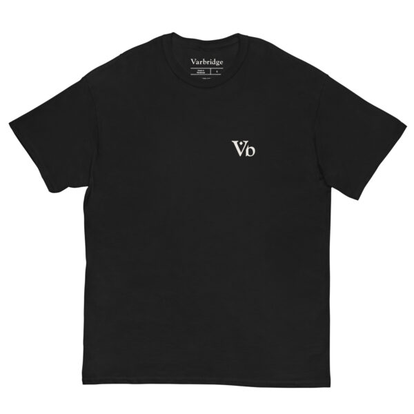 Front view of a black t-shirt laid flat, featuring a small white “Vb” Varbridge logo on the left chest.