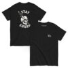 Black Varbridge t-shirt shown front and back; back features a striking white skull graphic with a knife through it and bold text reading “Stay Sharp,” while the front has a minimal “Vb” logo on the chest