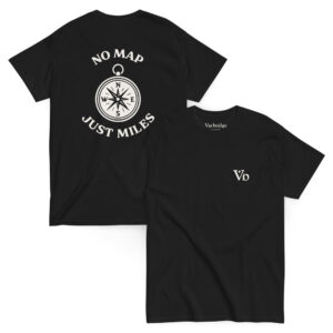 Black Varbridge t-shirt with “No Map Just Miles” design on the back, featuring a white compass illustration; front displays a minimalist Vb logo on the chest