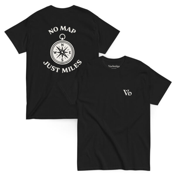 Black Varbridge t-shirt with “No Map Just Miles” design on the back, featuring a white compass illustration; front displays a minimalist Vb logo on the chest