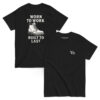 Black Varbridge t-shirt with “Worn to Work, Built to Last” design on the back, featuring a rugged boot illustration; front displays minimalist Vb logo on chest