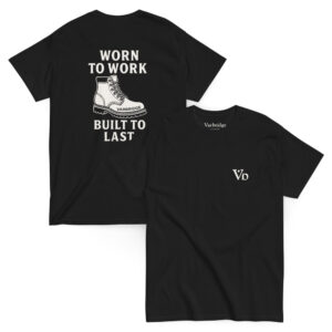 Black Varbridge t-shirt with “Worn to Work, Built to Last” design on the back, featuring a rugged boot illustration; front displays minimalist Vb logo on chest