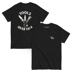 Black Varbridge t-shirt with “Tools Over Talk” design on the back, featuring knife and flashlight illustrations; front shows minimal Vb logo on chest