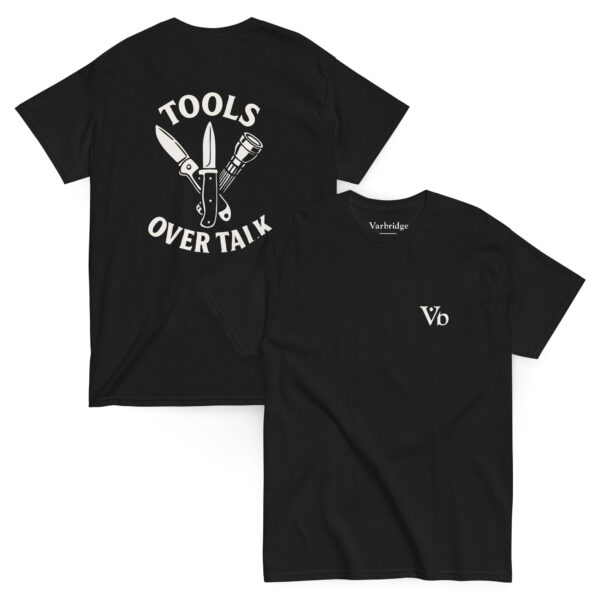 Black Varbridge t-shirt with “Tools Over Talk” design on the back, featuring knife and flashlight illustrations; front shows minimal Vb logo on chest