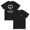 Black Varbridge t-shirt laid flat showing front and back—front features Vb logo on chest; back displays crossed knife, multi-tool, and flashlight graphic with “Tools Over Talk” text