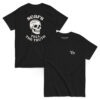 Black Varbridge t-shirt laid flat showing front and back—front features a minimal “Vb” logo on the chest; back showcases a bold skull graphic with the phrase “Scars Tell The Truth” in arched white text.