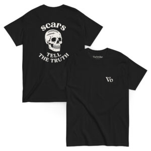 Black Varbridge t-shirt laid flat showing front and back—front features a minimal “Vb” logo on the chest; back showcases a bold skull graphic with the phrase “Scars Tell The Truth” in arched white text.