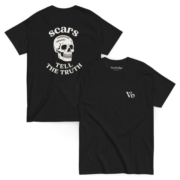 Black Varbridge t-shirt laid flat showing front and back—front features a minimal “Vb” logo on the chest; back showcases a bold skull graphic with the phrase “Scars Tell The Truth” in arched white text.