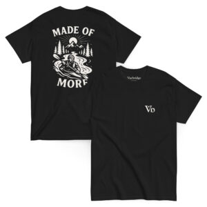 Black Varbridge t-shirt with “Made of More” outdoor kayaker graphic on the back and minimalist Vb logo on the front
