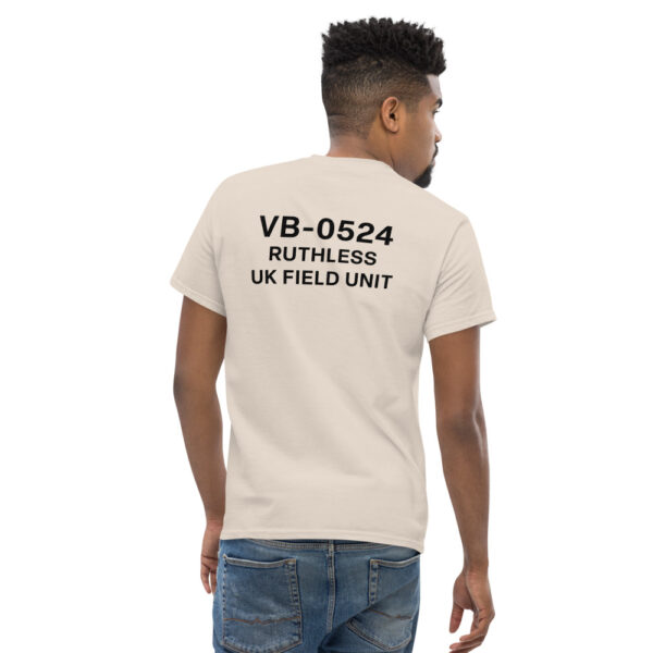 Model wearing Varbridge “Ruthless UK Field Unit” t-shirt with VB-0524 military-inspired back print