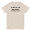 Back of Varbridge t-shirt featuring bold VB-0524 UK Field Unit military-style print