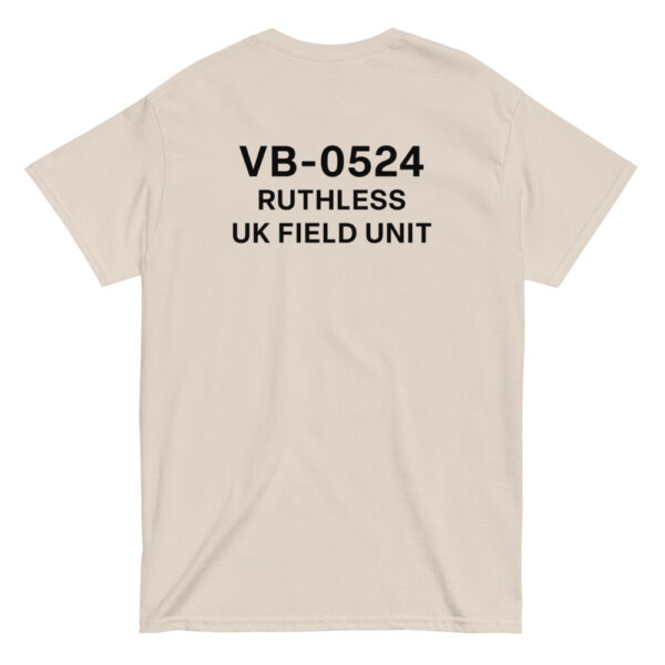 Back of Varbridge t-shirt featuring bold VB-0524 UK Field Unit military-style print