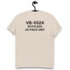 Beige Varbridge t-shirt hanging, featuring bold VB-0524 UK Field Unit text design on back
