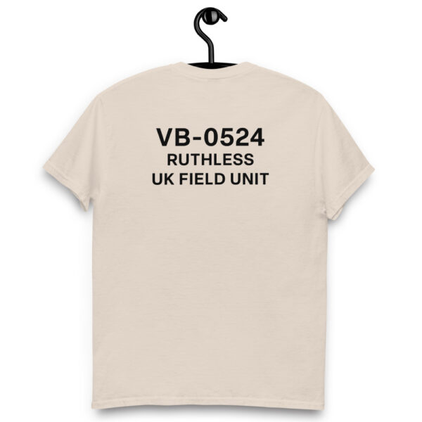 Beige Varbridge t-shirt hanging, featuring bold VB-0524 UK Field Unit text design on back