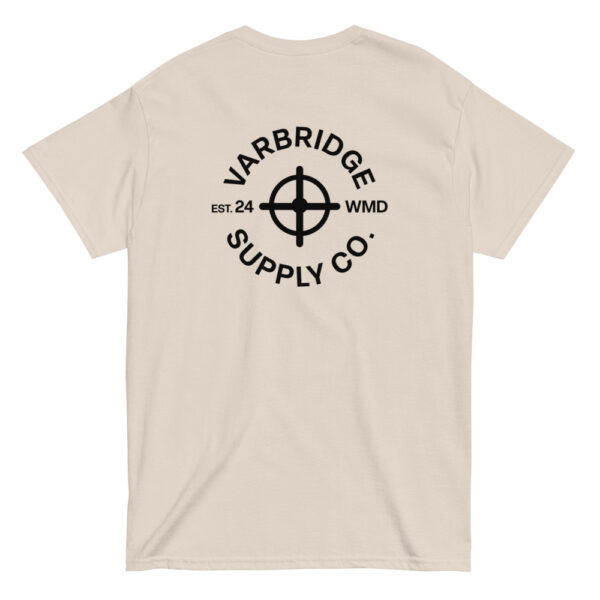 Beige Varbridge t-shirt featuring compass-inspired Supply Co. back graphic