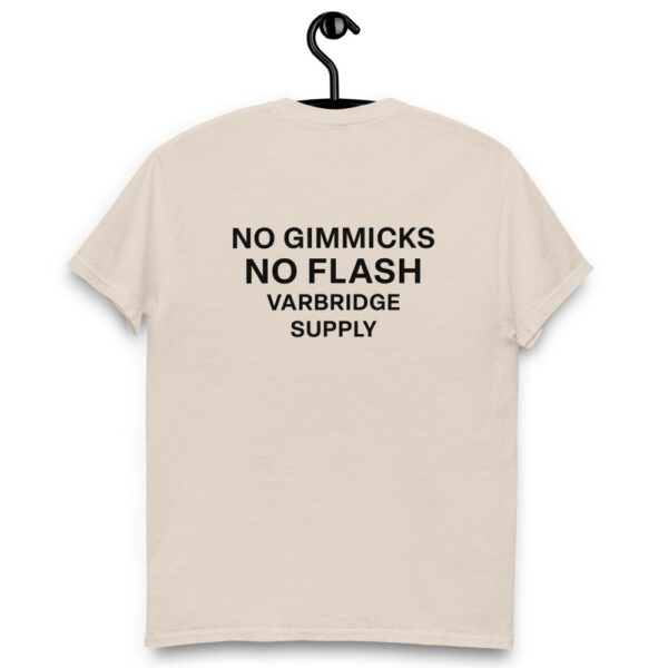 Back view of Varbridge Supply t-shirt with bold “No Flash” graphic on hanger