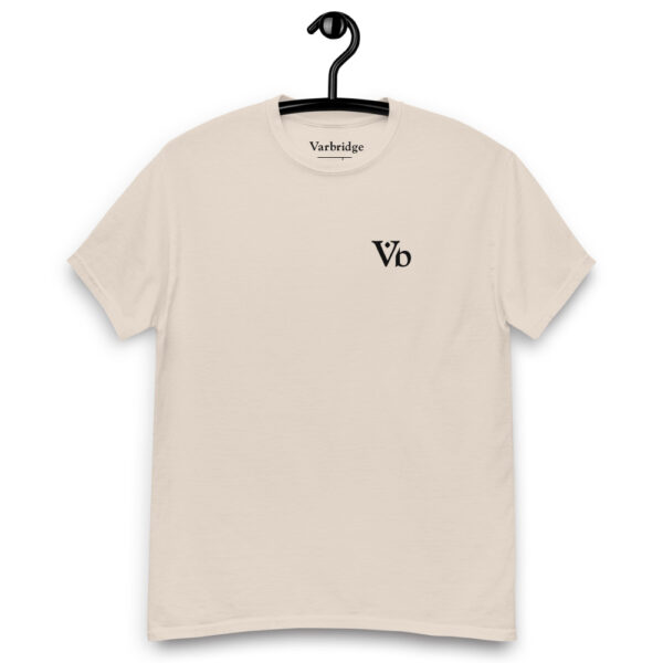 Beige Varbridge t-shirt on hanger with minimalist Vb logo on front