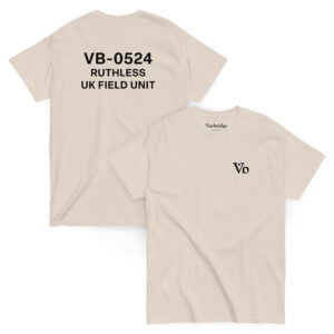Flat lay of Varbridge t-shirt with VB-0524 UK Field Unit back print and Vb front logo