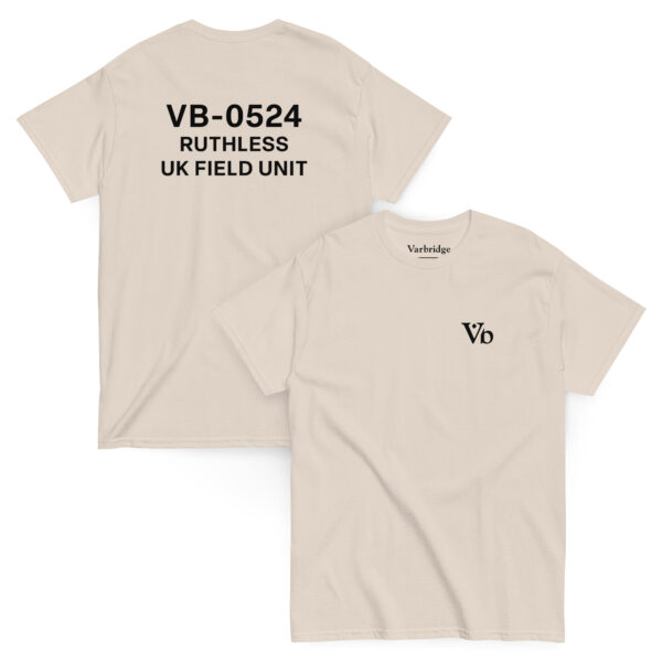 Flat lay of Varbridge t-shirt with VB-0524 UK Field Unit back print and Vb front logo