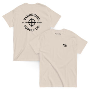 Flat lay of Varbridge t-shirt with compass-style Supply Co. logo and Vb front chest print