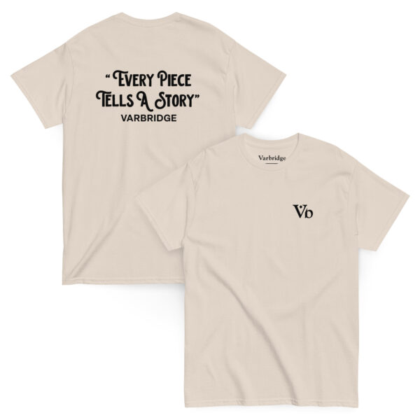 Flat lay of Varbridge t-shirt with “Every Piece Tells a Story” back print and Vb front logo