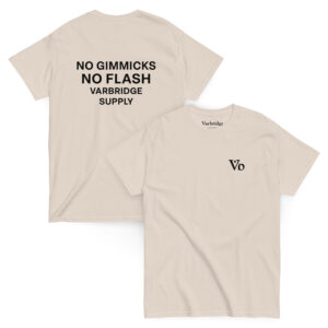 Varbridge “No Flash” tee flat lay showing front Vb mark and bold back graphic