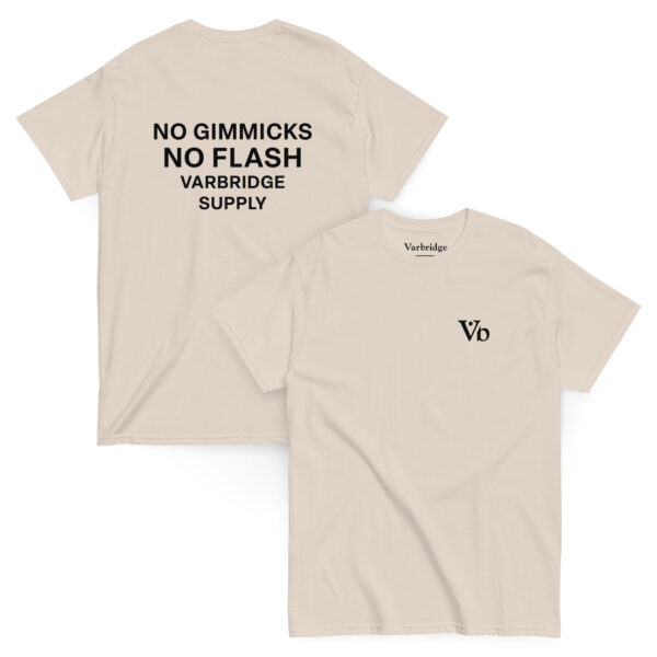 Varbridge “No Flash” tee flat lay showing front Vb mark and bold back graphic